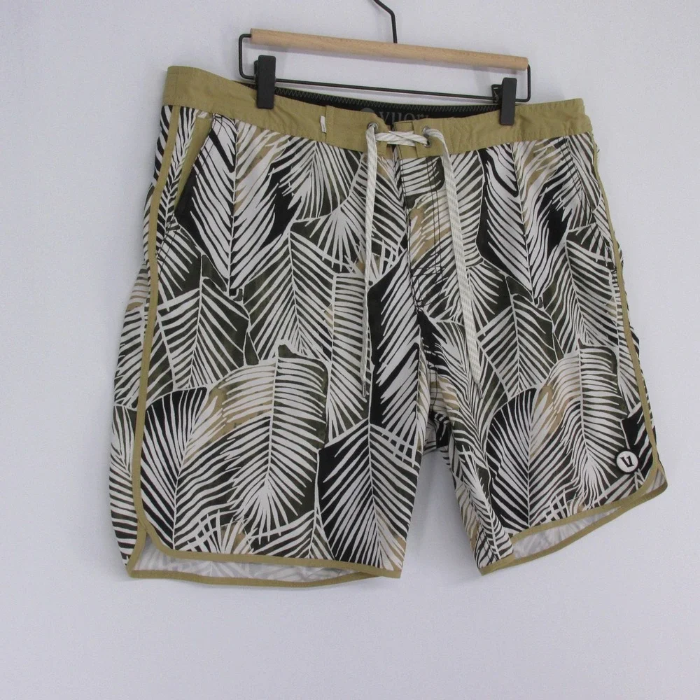 Vuori Palm Leaf Print Swim Shorts in Black, White & Olive